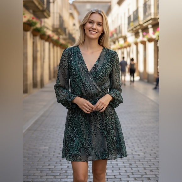 ALI RO Size 8 Medium Green Blue Gray Abstract Silk Wrap Dress - Picture 1 of 13